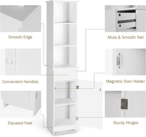 Vista 4 de MAT EXPERT Armario alto de baño, armario de almacenamiento independiente con estante y cajón de 3 niveles, torre estrecha de lino para baño