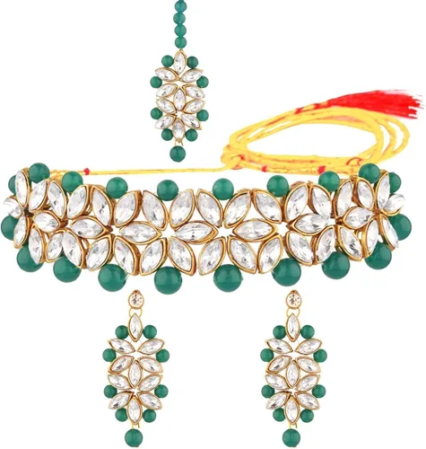 Vista 6 de Efulgenz Indian Jewelry Crystal Choker Faux Pearl Floral Necklace Earrings Maang Tikka Bollywood Wedding Bridal Jewelry Set for Women