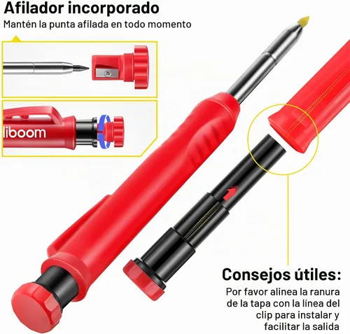 Vista 2 de Hiboom Paquete de 3 lápices de carpintero sólido con 21 repuestos, marcador mecánico de punta larga con sacapuntas integrado para carpintero