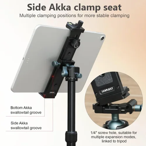 Vista 4 de Soporte para iPad de aleación de aluminio para trípode, compatible con iPad mini y tabletas de 5-8.8 pulgadas, tornillo de 1/4 pulgadas y liberación
