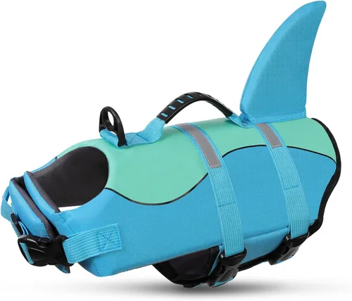 Vista 27 de Queenmore Chaleco Salvavidas para Perros Tiburón, Chaleco de Natación de Alta Flotabilidad, Chalecos Salvavidas para Perros Ajustables y Fáciles