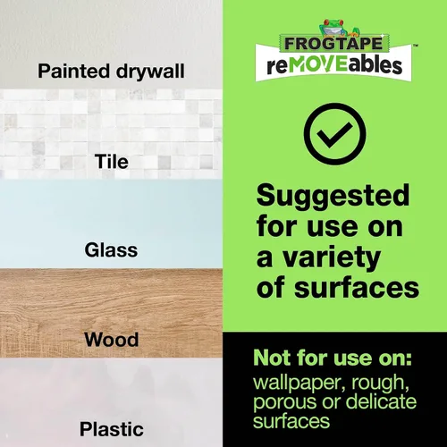 Vista 6 de FrogTape reMOVEables - Tiras para colgar pósteres, sin daños, ganchos extraíbles para pósteres, cinta adhesiva adhesiva para pared, alternativa