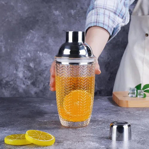 Vista 2 de JNWINOG Coctelera, coctelera mixta de 14.37 onzas con taza de vidrio, herramienta profesional de barra con vidrio de escala (hexagonal)