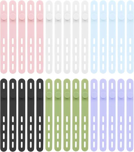 Vista 8 de Donruby 24 bridas de silicona – Reutilizables y lavables con hebillas de bloqueo, correas ajustables de organización de cables, organizador de Blanco