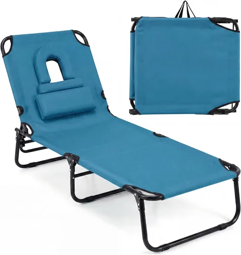 Vista 10 de Goplus Silla bronceadora, silla de playa plegable con orificio para la cara, almohada extraíble, capacidad de 350 libras, correa de transporte