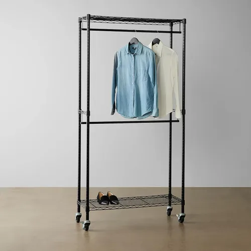 Vista 7 de Amazon Basics Perchero ajustable con doble barra, organizador de ropa colgante con ruedas, resistente, 36 x 14 x 72 pulgadas, negro