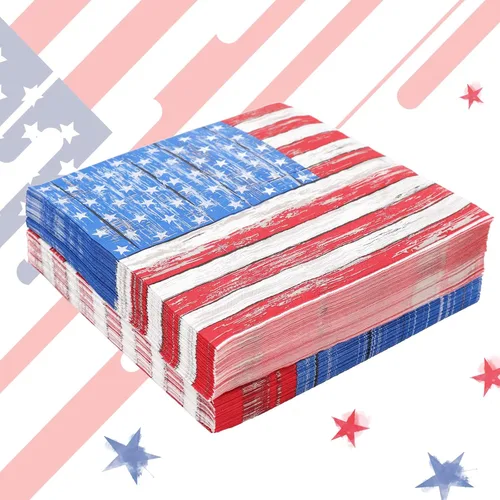 Vista 4 de Whaline 80 servilletas de papel patrióticas desechables del 4 de julio, servilletas rústicas con bandera estadounidense con estrellas y rayas