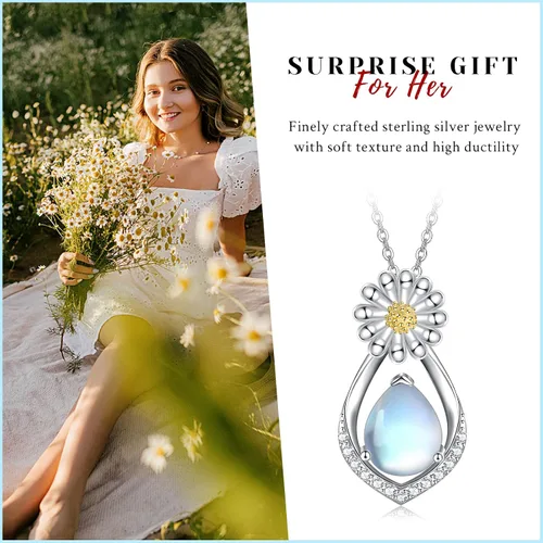 Vista 7 de Midir&Etain Collar de margaritas de plata de ley 925 con piedra lunar y lágrima, joyería floral de moda, regalos para mujeres y novias, Plata