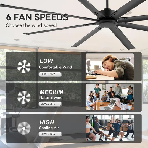 Vista 2 de Ventilador de techo industrial grande de 84 pulgadas, control remoto sin luz, 8 aspas de aluminio, motor CC reversible de 6 velocidades, 3 varillas