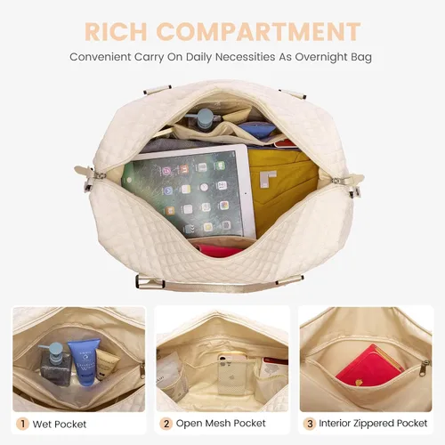 Vista 13 de LOVEVOOK Bolsa de fin de semana para mujer, bonita bolsa de viaje para gimnasio, bolsa de viaje con bolsa de artículos de tocador, bolsa