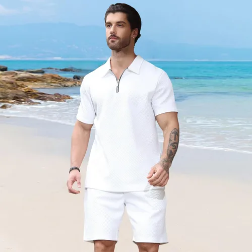 Vista 4 de Aulemen Conjunto deportivo de 2 piezas con cremallera para hombre, manga corta, camiseta polo y pantalones cortos, conjuntos de verano para hombre