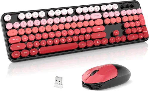 Vista 10 de Combo de teclado y mouse inalámbricos, teclado retro de tamaño completo de 2.4 GHz con teclado numérico y mouse inalámbrico