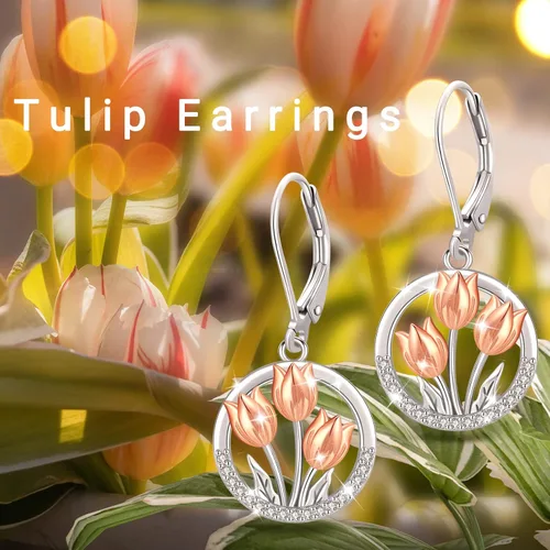 Vista 300 de Aretes colgantes de plata de ley con diseño de árbol de la vida, flor, abeja, animales, gato, colibrí, piedra lunar, turquesa, aretes con cierre