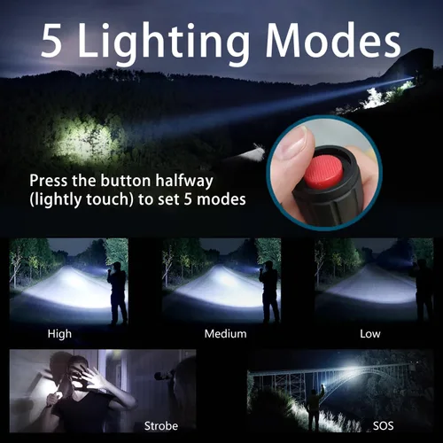 Vista 3 de KZK Linterna LED, linterna táctica brillante de 2500 lúmenes, 5 modos de haz zoomable, impermeable y duradera para campamento, al aire libre