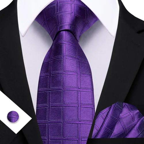 Vista 142 de Barry.Wang Juego de corbatas a cuadros para hombre con pañuelo gemelos de rayas clásicas