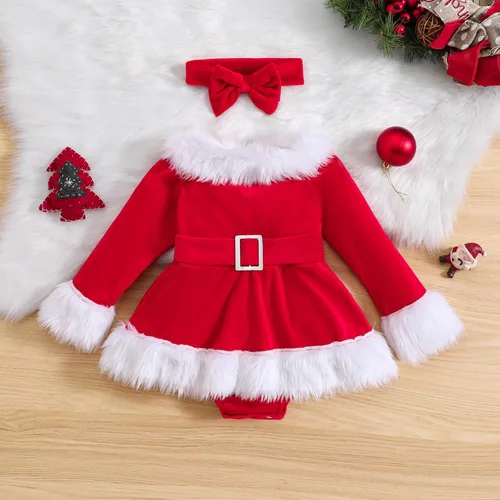 Vista 11 de WASAIGOOD Mameluco de Navidad para bebé niña, vestido de manga larga con ribete de piel, traje de terciopelo para Navidad, enterizo de invierno