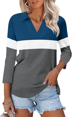 Vista 15 de TICTICMISS - Camisas polo de cuello en V para mujer, manga 3/4, con cuello, tops casuales de negocios, tops de verano a la moda, holgados