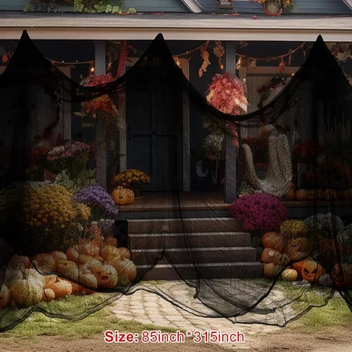 Vista 3 de Tela espeluznante negra de Halloween, 315 x 85 pulgadas, decoración de Halloween al aire libre, paño negro de gasa espeluznante, accesorios