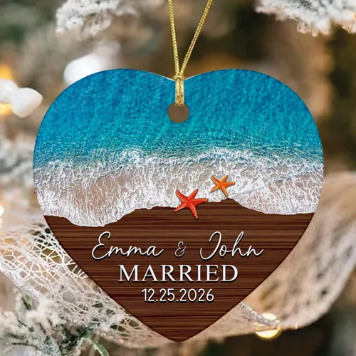 Vista 19 de Just Married - Regalo de recuerdo para recién casados, adorno de boda personalizado en la playa con nombres y fecha