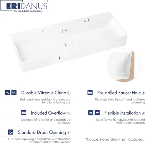 Vista 3 de Eridanus Lavabo de Baño Rectangular 43" x 16", Lavabo Vasija de Cerámica Vítrea de Dos Orificios, Montaje en Encimera y Pared, Lavabo Flotante