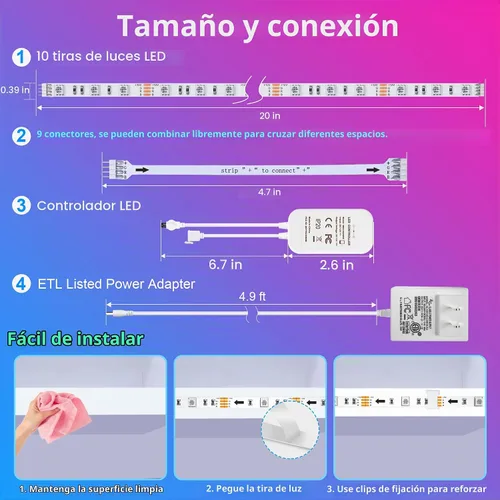 Vista 6 de maylit Kit de 10 luces RGB inteligentes para debajo del gabinete, compatible con Alexa y Google Assistant, aplicación y control remoto
