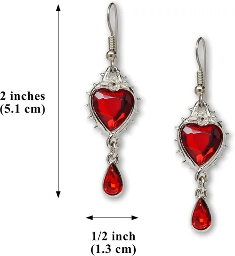 Vista 3 de Pendientes colgantes de corazón rojo con cristales austriacos, espinas y rosas, acabado plateado, Metal