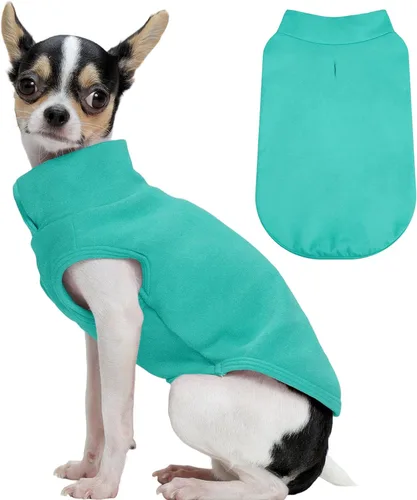 Vista 41 de FUAMEY Chaleco de forro polar para perros pequeños, sudaderas cálidas y elásticas para perros con agujero para correa, suéter suave de cuello alto