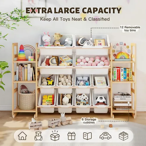 Vista 3 de Organizador de almacenamiento de juguetes de madera con 6 estantes y 12 contenedores, organizador de juguetes para niños, estante de juguetes