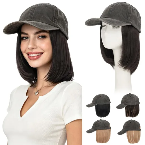 Vista 50 de Hairro Peluca de gorra de béisbol con cabello adjunto, corto estilo Bob ajustable, extensiones de cabello sintético para mujeres, balayage
