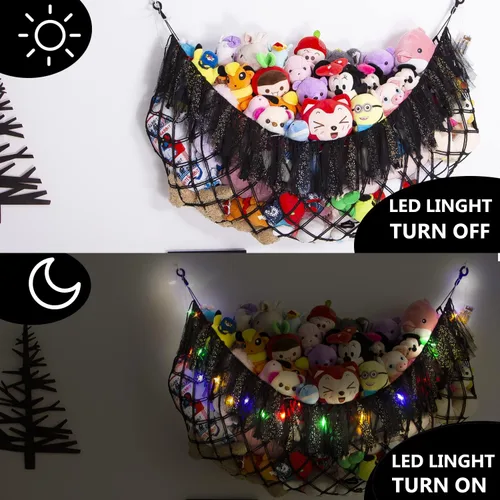 Vista 3 de Hamaca grande de animales de peluche con luz montada en la pared, hamaca Squishmallow de peluches, organizador de juguetes, hamaca de macramé Negro