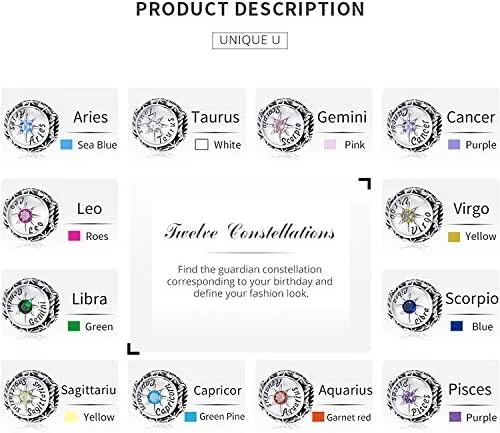 Vista 5 de FAEFASH - Abalorio para pulsera de plata de ley 925 con forma de estrella, 12 constelación de horóscopo para pulsera Pandora, cumpleaños para mujer