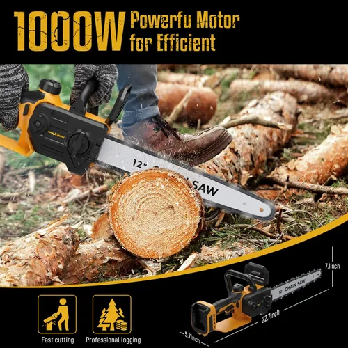 Vista 5 de Mini motosierra para batería Dewalt de 20 V máxima, motosierra eléctrica de 12 pulgadas inalámbrica con doble bloqueo de seguridad, sierra de cadena