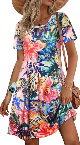 Vista 30 de Vestidos de verano para mujer, informales, holgados, estilo camiseta, florales, de manga corta, con vuelo y bolsillos, para la playa