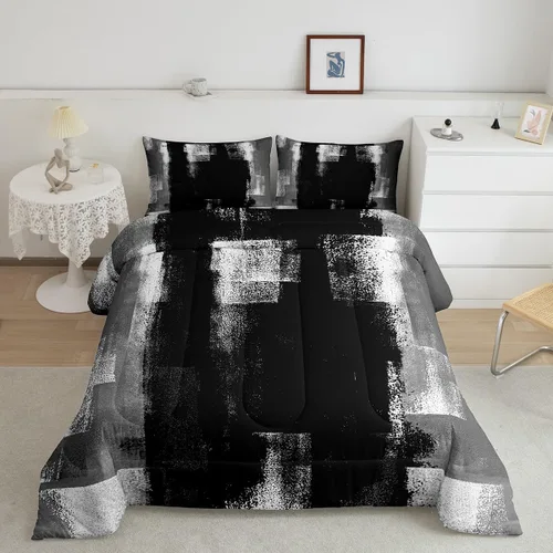 Vista 9 de Erosebridal - Juego de ropa de cama con edredón a cuadros de retazos tamaño individual, aguada geométrica en cuadrícula, conjunto retro grunge