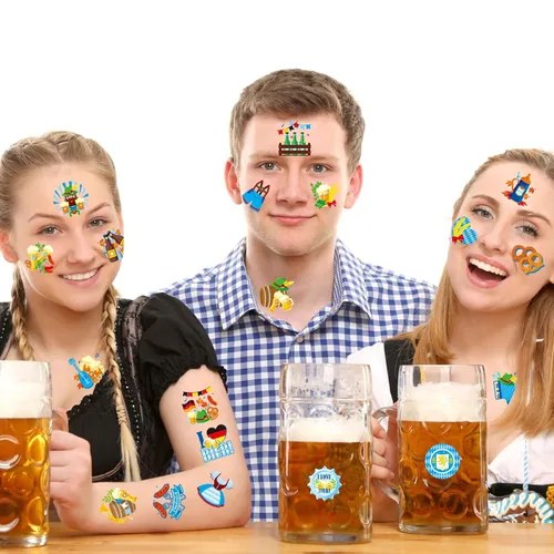 Vista 7 de 72 tatuajes temporales para el Oktoberfest con cara de cerveza, tatuajes falsos para decoración de fiesta temática de cerveza, suministros