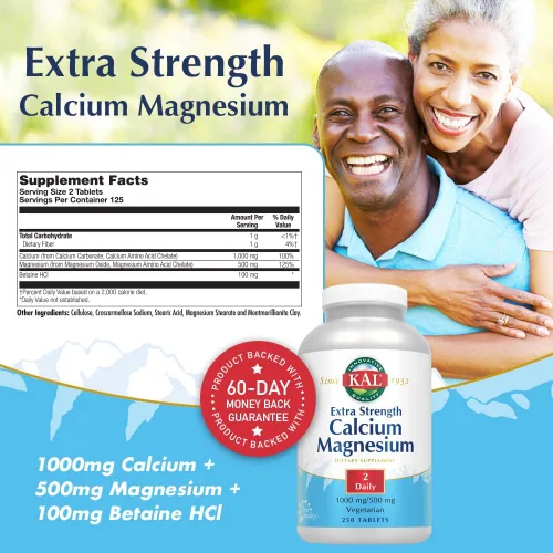 Vista 2 de KAL Suplemento de calcio y magnesio extra fuerte para mujeres y hombres, con calcio de 1000 mg y magnesio 500 mg, soporta huesos saludables