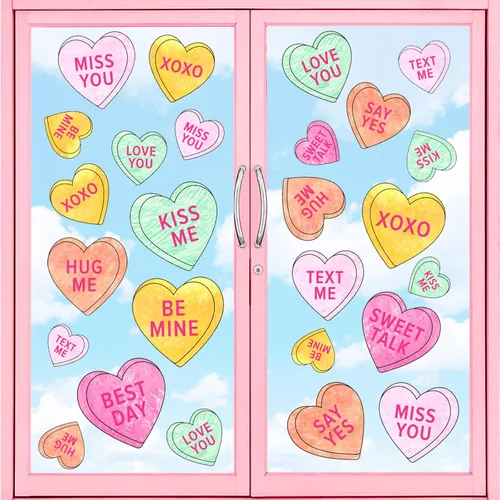 Vista 10 de Whaline 9 hojas de calcomanías románticas de corazón para el día de San Valentín, decoración de corazón de caramelo de doble cara para el hogar