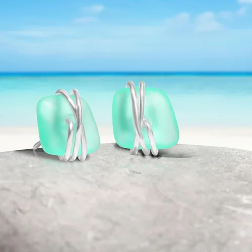 Vista 31 de Sea Glass Earrings S925 Sterling Silver Hypoallergenic Handmade Stud Post Earrings Beach Glass Fashion Handcraft Jewelry earrings stud earrings from