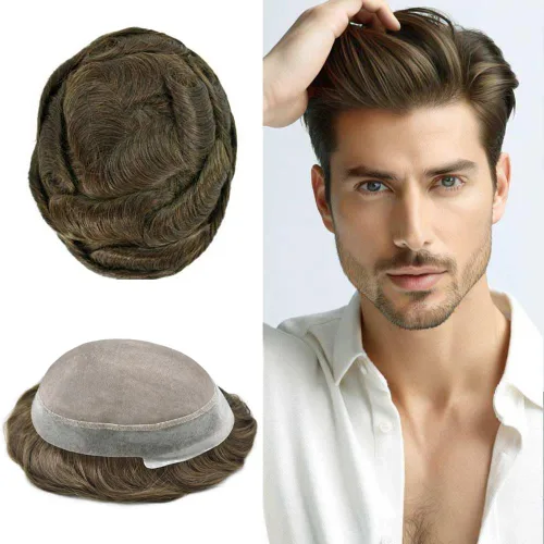 Vista 101 de Toupee para hombres Piezas de pelo fino mono para hombre Toupee sistema de reemplazo de pelo para hombres línea capilar natural para hombre postizo