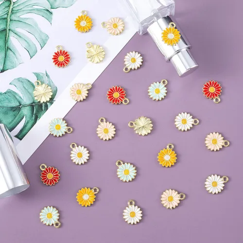Vista 7 de Joez Wonderful 50 dijes de girasol para hacer joyas, colgantes de flores coloridas, dijes de flores para mujer, suministros de joyería de aleación
