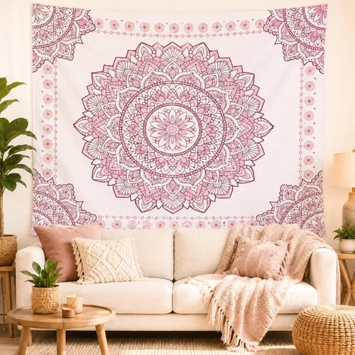 Vista 8 de Atrippy Tapiz de pared bohemio con mandala rosa para dormitorio, tapiz estético blanco y rosa, decoración de habitación para adolescentes y niñas