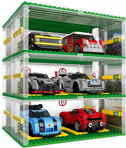 Vista 5 de Celawork Bloques de construcción para garaje, escaparate de 3 capas, garaje de estacionamiento de automóviles, compatible con coches de campeón