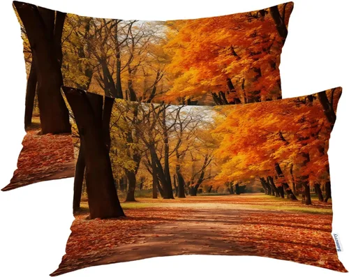 Vista 25 de Batmerry Autumn Forest Throw Pillow Covers, Yellow Orange Foliage in Fall Park Decorative Pillow Covers Digital Printing Blended for Couch Sofa Bed