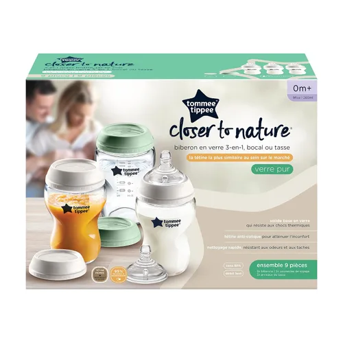 Vista 7 de Tommee Tippee Closer to Nature - Biberones de vidrio convertibles 3 en 1, válvula anticólicos, 9 onzas, 3