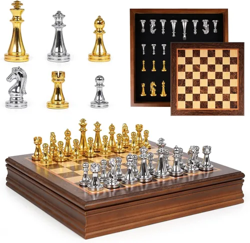 Vista 8 de Juego de ajedrez de metal de 12 pulgadas con tablero de madera para niños y adultos, piezas de ajedrez dorado y plateado, tablero de ajedrez pequeño