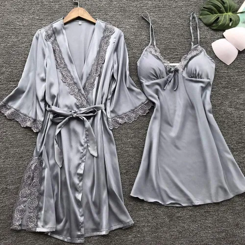 Vista 3 de Pijama de seda para mujer, conjunto de pijama sexy para mujer, pantalones cortos, vestidos de noche sexys para mujeres adultas, algodón