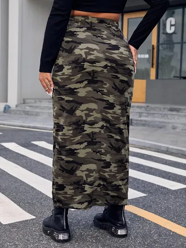 Vista 2 de Verdusa Falda larga casual con cordón de cintura alta con estampado de camuflaje para mujer