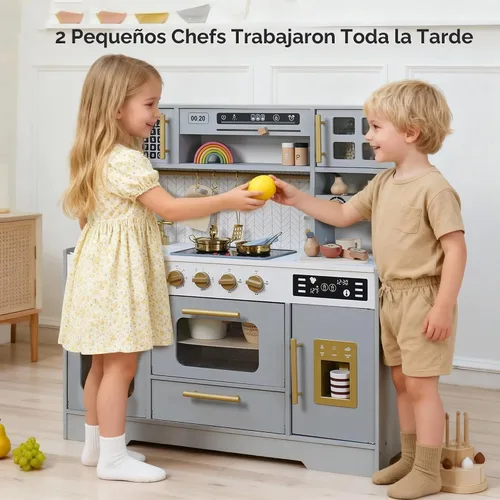 Vista 2 de Cocina de madera de juguete para niños – Juego de cocina de simulación con estufa realista, fregadero, cafetera, máquina de hielo, cocina de juguete