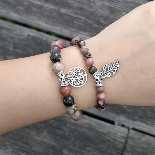 Vista 4 de YGLINE Pulseras de piedra curativa de yoga del árbol de la vida, juego de pulseras de reiki de piedra de chakra de loto multicapa, piedra natural