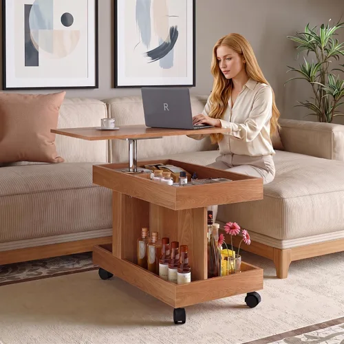 Vista 33 de Henf Mesa auxiliar elevable con almacenamiento, mesas de centro de madera maciza de 47.24 pulgadas con parte superior elevable, 3 bandejas
